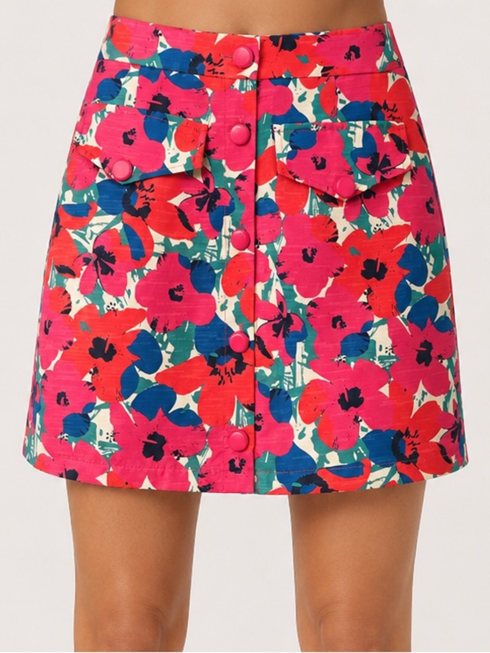 Bright Pink Floral Button-Front Mini Skirt